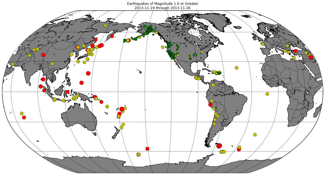 Earthquakes of magnitude 1.0 or greater, for the last 7 days